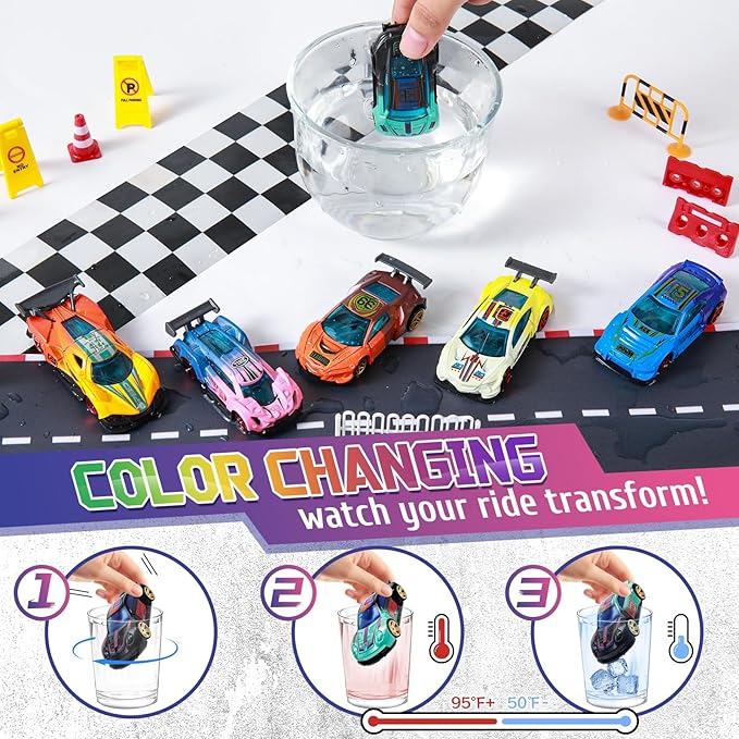 Color Changing Cars Toys Bath Toys for Ages 1-3 4-8 Christmas Stocking Stuffers Gifts for Kids Grandkids Boys Birthday Gifts Race Cars Themed Party Favors Goodie Bag Stuffers Sensory Die-Cast Toys