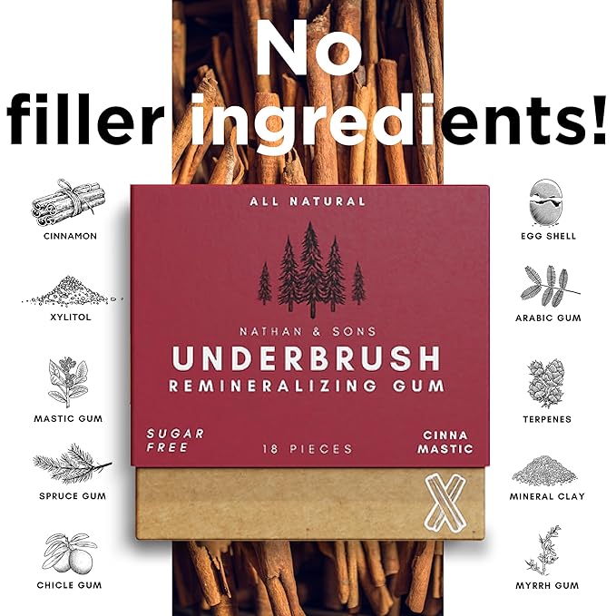 Underbrush Cinna-Mastic Remineralizing Gum, Sugar Free Xylitol Gum With Hydroxyapatite, Supports Fresh Breath and Oral Health, Tree Sap Base, Gluten Free, No Sucralose or Aspartame, 4 Pack
