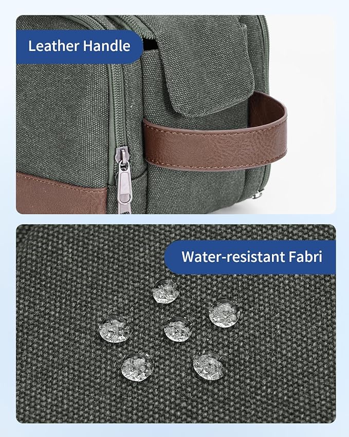 WANDF Toiletry Bag for Men Travel Toiletry Organizer Canvas and Leather Dopp Kit Water-Resistant Shaving Bag for Travel Accessories (Green, Medium)