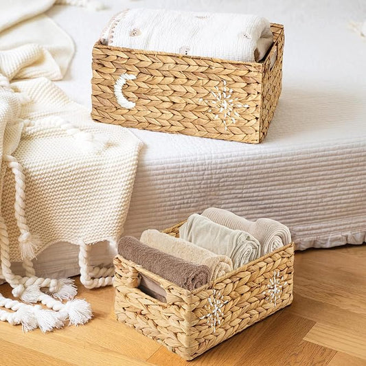 Greenatural Water Hyacinth Storage Baskets Set of 2, Handwoven Rectangular Organizer Trays with Handles, Wicker Bins with Hand Embroidered Patterns for Shelf, Bathroom, Kitchen, Office, Natural Decor