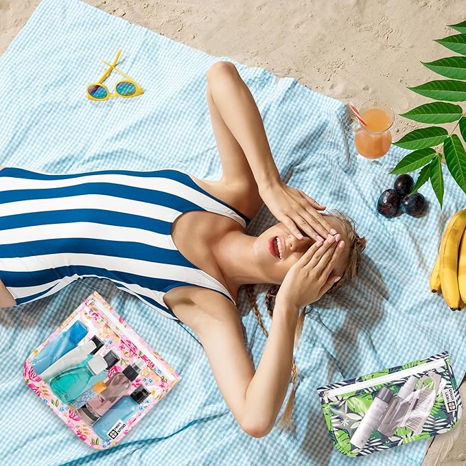 TSA Approved Toiletry Bag, Set of 3 Clear Travel Toiletry Bag Quart Size Zipper Travel Pouch, Waterproof Makeup Cosmetic Bag for Women Men Kids Toiletries Carry on, Flowers