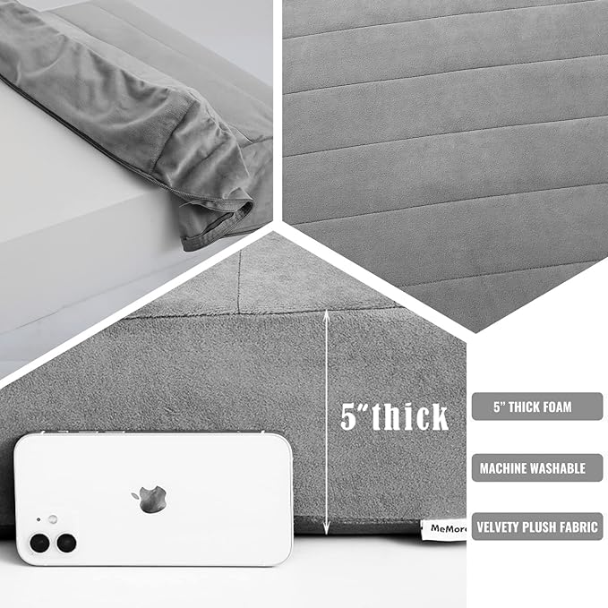 MeMoreCool Square Floor Pillow for Adults and Kids, Large Meditation Cushion with Thick Foam and Washable Tufted Cover, 24-Inch Grey Seat for Sitting and Yoga