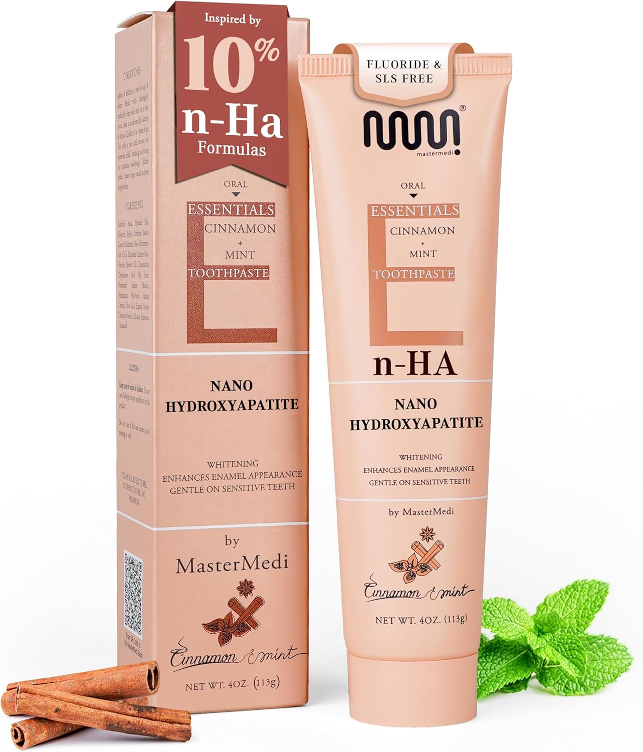 MasterMedi Nano Hydroxyapatite Toothpaste (Inspired by 10% nHA Formulas), Fluoride-Free, Whitening & Sensitivity Relief, Enamel Repair Support, SLS-Free, Xylitol, Mint & Cinnamon 4 Oz (Pack of 1)