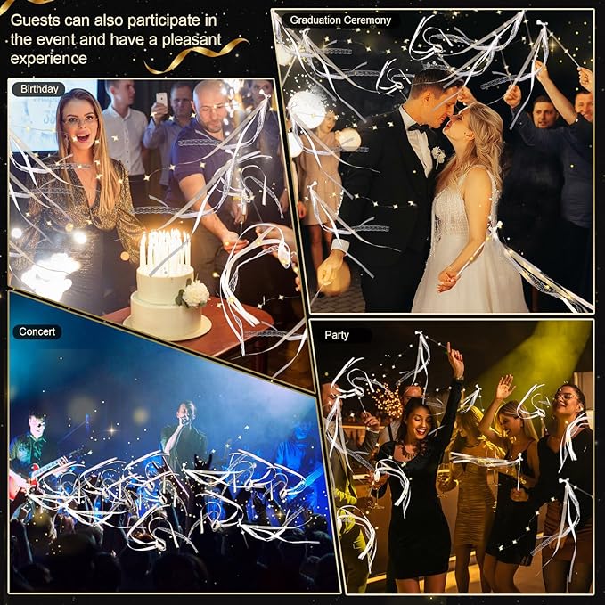 25 Pcs Wedding Wands Ribbon Streamers with 3 Colorful Flashing Modes, Light up LED Silk Fairy Wands, Glow Lace Stick with Bells for Wedding Reception, Graduation, New Year, Birthday Party (Warm White)