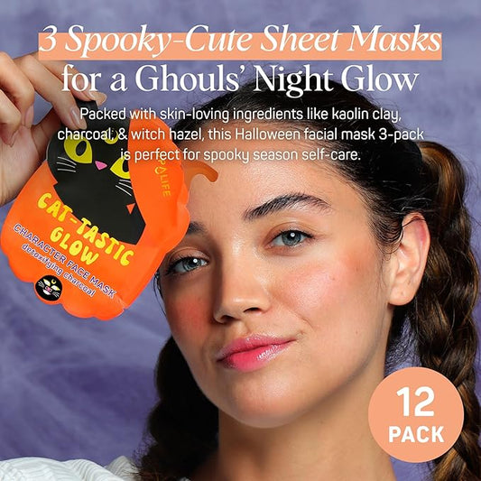 SpaLife Beauty Halloween Face Mask Spooky Glow Bundle | Korean Facial Masks | Pore-Refining, Detoxifying, and Brightening Face Mask Set | Halloween Gifts for Women | Facial Sheet Masks | 12 Pack