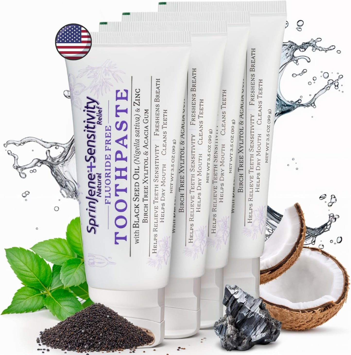 SprinJene Fluoride Free Toothpaste - Patented Natural Toothpaste with Black Seed Oil & Zinc - Made in The USA - Vegan Non Fluoride for Fresh Breath Preservative Free (4 Pack)