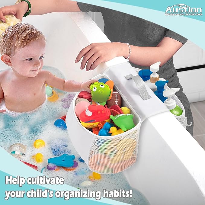 Saddle shape 2 Compartments Bath Toy Organizer, Easy Access for Children, Wide Opening Bath Toy Holder for Drying Toys and Storage, Mesh Shower Toy Holder and Bath Tub Toy Storage Organizer for Tub.