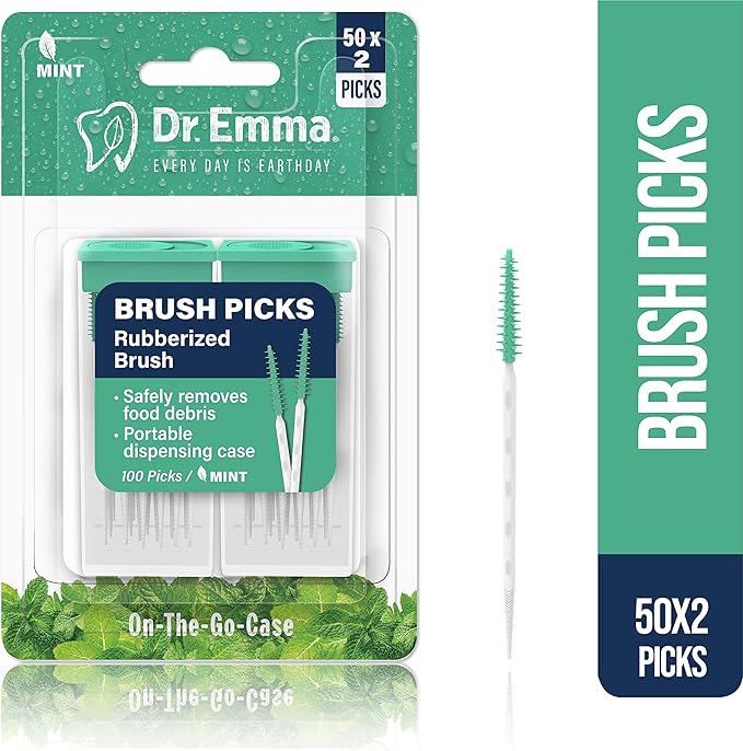 Dr. Emma Brush Picks Rubberized Mint Brush Picks, 2 Packs, 100 Picks/Pack