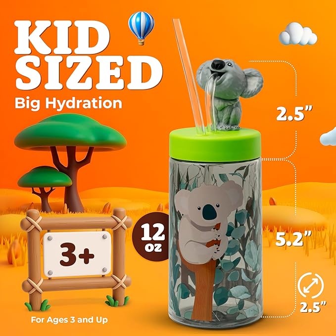Trend Zoo Koala Cup, Water Bottle, Tumbler with Lid and Straw, Travel Sippy Cup for Water or Milk, Cups with Lids BPA Free Plastic, 12 oz