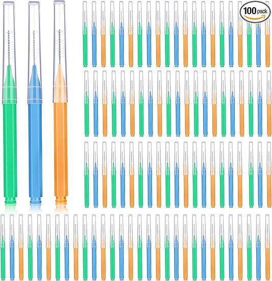 Patelai 100 Pieces Braces Brush for Cleaner Interdental Brush Toothpick Dental Tooth Flossing Head Oral Dental Hygiene Flosser Toothpick Cleaners Tooth Tool (Green, Orange, Blue,Various Sizes)