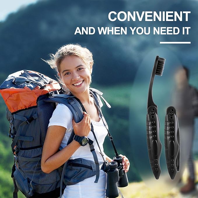 Boao 8 Packs Travel Toothbrushes Individually Wrapped Black Folding Toothbrush for Travel Camping Portable Charcoal Toothbrush with Soft Medium Bristles