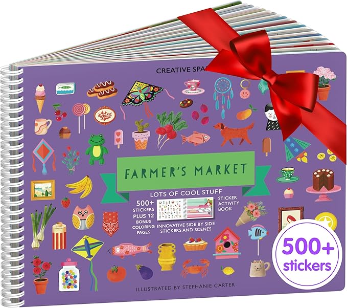 CUPKIN Sticker Book for Kids 2-4, 500+ Kids Stickers, Farmer's Market 12 Coloring Pages 12 Side by Side Scenes, Fun Toddler Travel Activity Coloring and Sticker Books for Children Ages 4-8 + 8-10