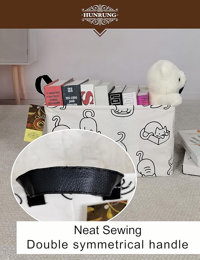 HUNRUNG Rectangle Storage Basket Cute Canvas Organizer Bin for Pet/Children Toys, Books, Clothes Perfect for Rooms/Playroom(REC-Black cat)