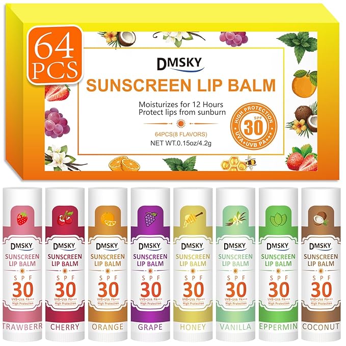 DMSKY SPF Lip Balm Bulk 64 Pack, Sunscreen Lip Balm SPF 30, Broad Spectrum UVA/UVB Protection, Lip Sunblock Bulk Sunscreen Travel Size