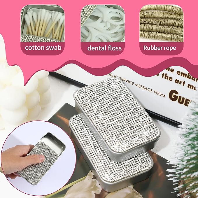 2Pcs Bling Dental Floss Holder,Portable & Refillable Floss Pick Holders, Metal Tin Box Case for Q-tip,Cotton Swab(Silver)