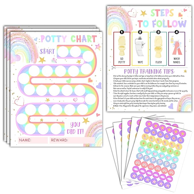 Potty Training Chart, 10 Potty Training Reward Chart for Toilet Success, 8"x10" Boho Rainbow Routine Calendar with Stickers for Toddler Girls - A11