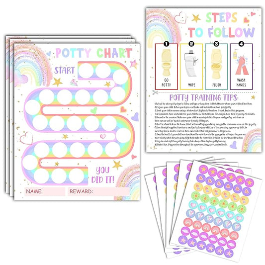 Potty Training Chart, 10 Potty Training Reward Chart for Toilet Success, 8"x10" Boho Rainbow Routine Calendar with Stickers for Toddler Girls - A11