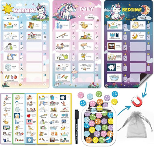 JJPRO Magnetic Bedtime/Morning/Daily Routine Chart for Kids with Smiley Faces Reward Jar-Dry Erase Bedtime Routine Chart,Visual Schedule Board for Toddlers Behavior Reward Chart -Unicorn
