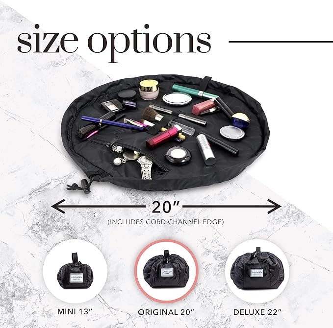 Lay-n-Go Cosmo Layflat Drawstring Cosmetic & Makeup Bag Organizer w/Zipper Pocket, Brush Loops & More, Cinch to Close, Lay Flat to Use, Durable, Machine Wash, Travel Toiletry Bag (20", Lips/Black)