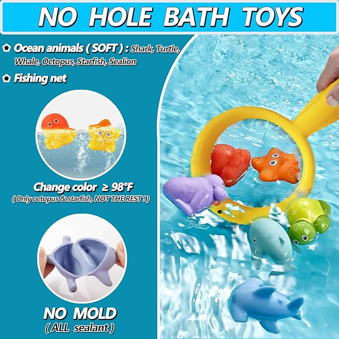 No Hole Bath Toys for Babies 6-12+ Months, Wind-up Swimming Ducks & Boat Bath Toys for Kids Ages 1-3, Baby Pool Toys Fishing Net Water Toys Watering Can, Toddler Bath Toy for 1+ Year Old Boy Girl