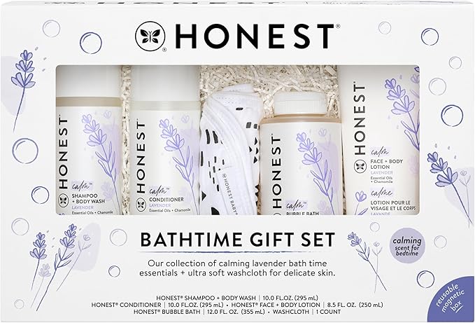 The Honest Company Calming Lavender Bathtime Gift Set Hypoallergenic Bath Essentials for Sensitive Baby Skin Shampoo and Body Wash Face Lotion Bubble Conditioner Cloth