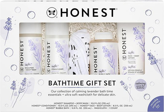 The Honest Company Calming Lavender Bathtime Gift Set Hypoallergenic Bath Essentials for Sensitive Baby Skin Shampoo and Body Wash Face Lotion Bubble Conditioner Cloth