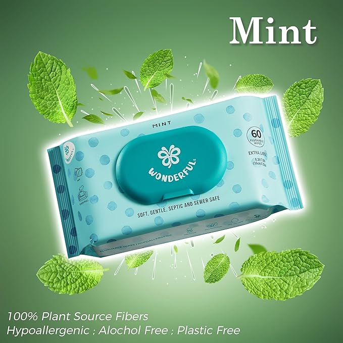 WONDERFUL Flushable Butt Wipes, Mint 100% Plant-Based Wet Wipes for Adults & Kids, Sewer & Septic Safe, Gentle for Sensitive Skin, Wipes Flushable Pack for Bathroom & Travel, 1-Pack (60 Wipes)