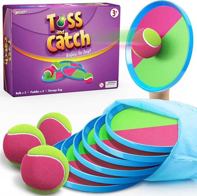 Aywewii Toss and Catch Ball Set, Boys Toys for 3 4 5 6 7 8 Year Old, Christams Sports Gifts Stocking Stuffers for Kids, Outdoor Games for Yard Backyard Camping Beach Family Party, 6 Paddles & 3 Balls