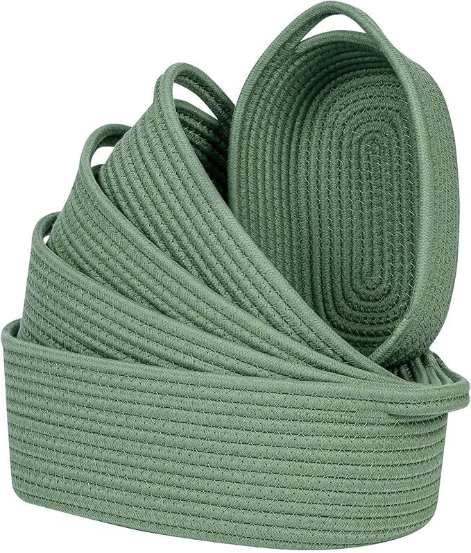 CubesLand Small Cotton Rope Storage Basket Set 5, Shelves Baskets for Organizing with Handle, Decorative Closet Storage Bins for Countertop Toilet Paper Basket for Toilet Tank Top,Green Basket