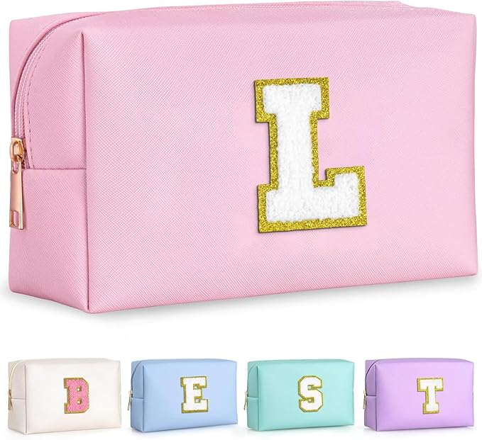 TOPEAST Preppy Pink Glitter Chenille Patch Travel Makeup Bag, 8.3in x 3.5in x 4.9in