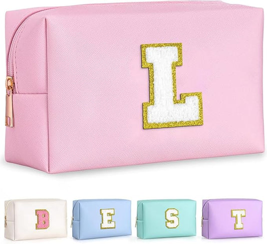 TOPEAST Preppy Pink Glitter Chenille Patch Travel Makeup Bag, 8.3in x 3.5in x 4.9in