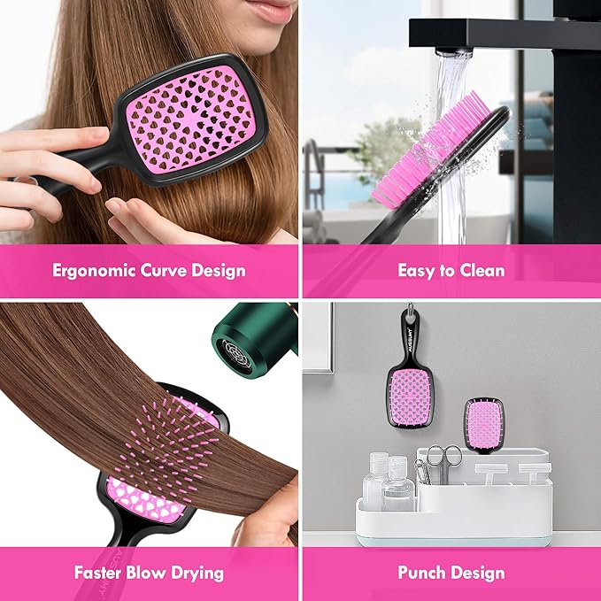 4 Pack Vented Detangling Hair Brush - Detangler Hairbrush with Soft Bristles for Effortless Tangle Free - Ideal for Wet Dry or Curly Damaged Hair for Women Men Kids