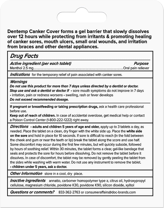 Dentemp Canker Cover - Canker Sore Medicine Pain Reliever (6 Counts) - Canker Sore Treatment to Relieve Canker Pain, Mouth Sores & Mouth Irritation - Fast Acting Canker Sore Relief Tablets for Adults