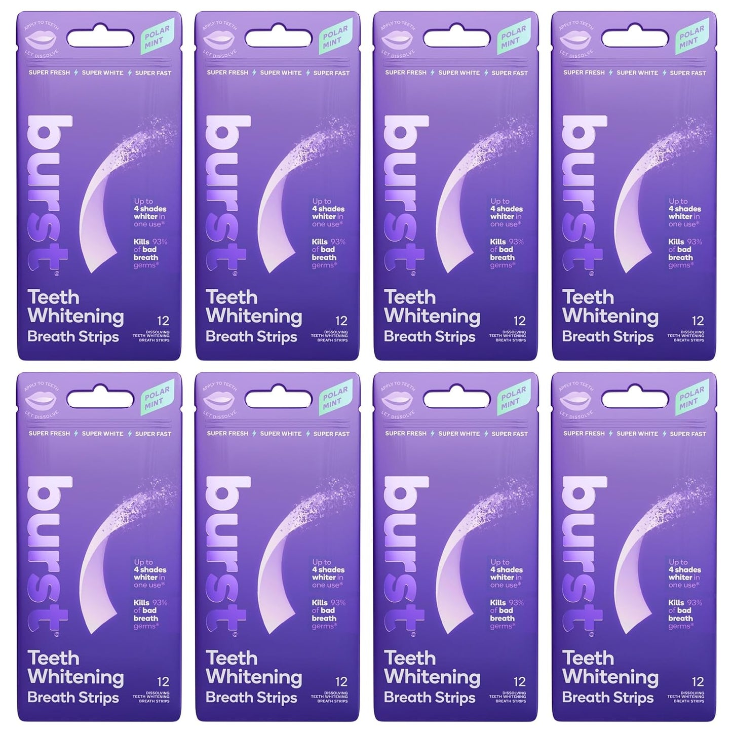 Burst Teeth Whitening Breath Strips (Polar Mint/8 Pack) | Kills 93% of Bad Mouth Germs | Up to 4 Shades Whiter in One Use | Easy to Apply/Quick Dissolving