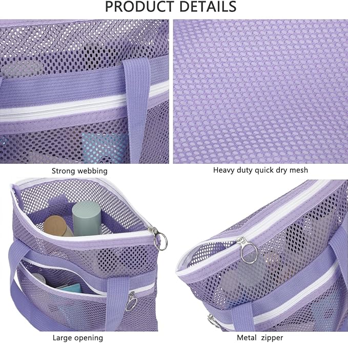 Mesh Shower Caddy Portable Shower Bag for Travel, Gym, Camping – Quick-Dry Hanging Toiletry Organizer with Zipper Pockets for Bathroom Essentials,Purple