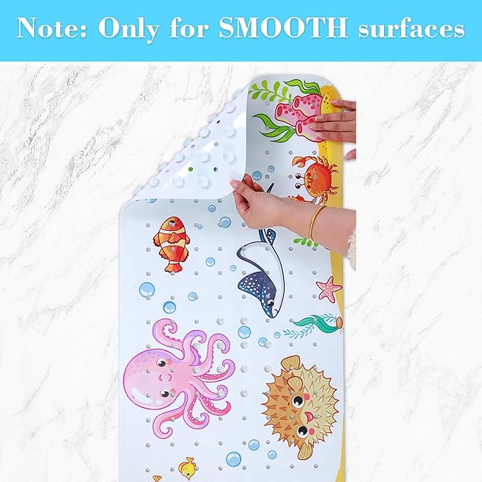 Bath Mat for Tub Non Slip, Machine Washable Anti-Slip Cartoon Baby Bathtub Shower Mat with Drain Holes and Suction Cups for Toddler & Kids (40 Inch x 16 Inch-Rectangular, New-Octopus)