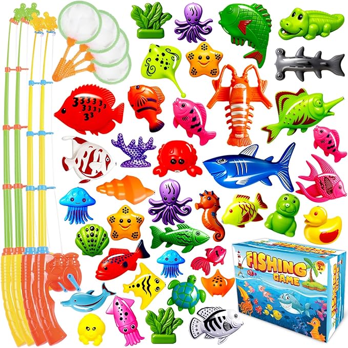 CozyBomB™ Magnetic Fishing Toys Game Set for Kids | Water Table Bathtub Kiddie Pool Party Pole Rod Net, Outdoor Plastic Floating Fish, Toddler Bath Color Ocean Sea Animals Birthday Gift Age 3-5 6 4-8