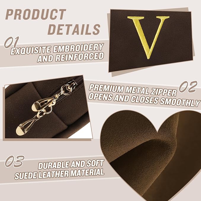 Personalized Initial Makeup Bag,Preppy Suede Cosmetic Bag for Teen Girls,Small Monogram Travel Toiletry Bag With Gold Embroidered Letter,Trendy Stuff Custom Christmas Gift for Women(Coffee-V)