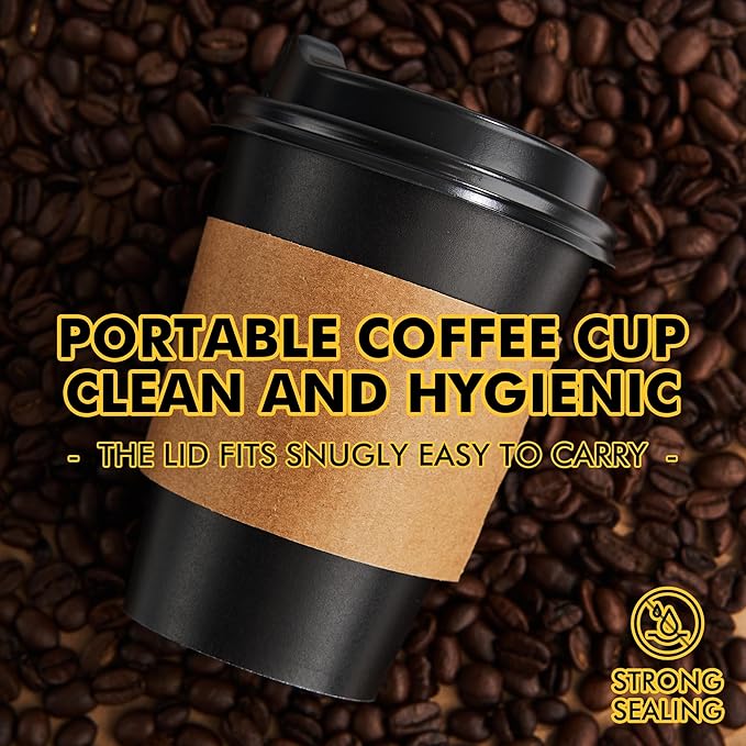 RACETOP 50 Pack 12 oz Coffee Cups with Lids, Black Disposable Coffee Cups with Lids, Sleeves and Stirring Sticks, Hot Paper Coffee Cup 14 oz for Hot Drinks, Parties, Picnic, Travel, and Events