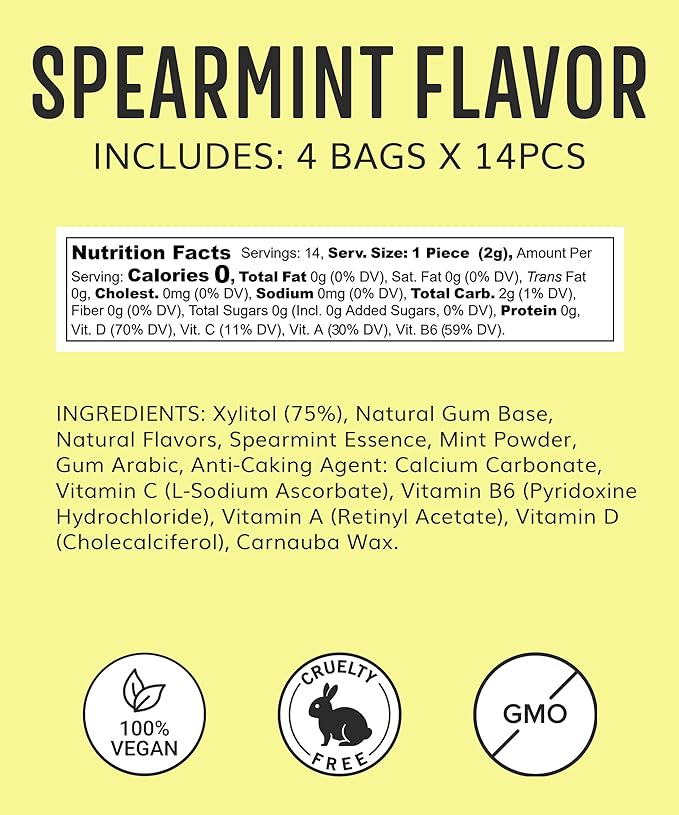 Multivitamin Xylitol Gum (56pcs) - Healthy, Sugar Free, Plastic Free, All Natural Chewing Gum with Vitamin Gum A,B6,C & D, Aspartame Free, Vegan, Gluten Free, Keto (Spearmint)