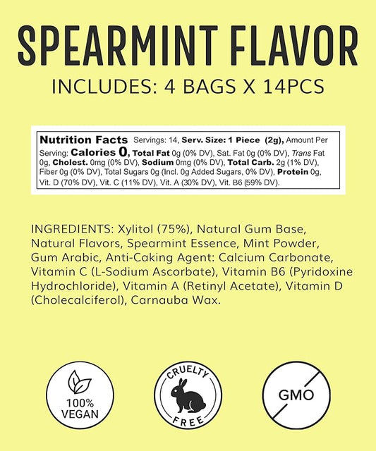 Multivitamin Xylitol Gum (56pcs) - Healthy, Sugar Free, Plastic Free, All Natural Chewing Gum with Vitamin Gum A,B6,C & D, Aspartame Free, Vegan, Gluten Free, Keto (Spearmint)