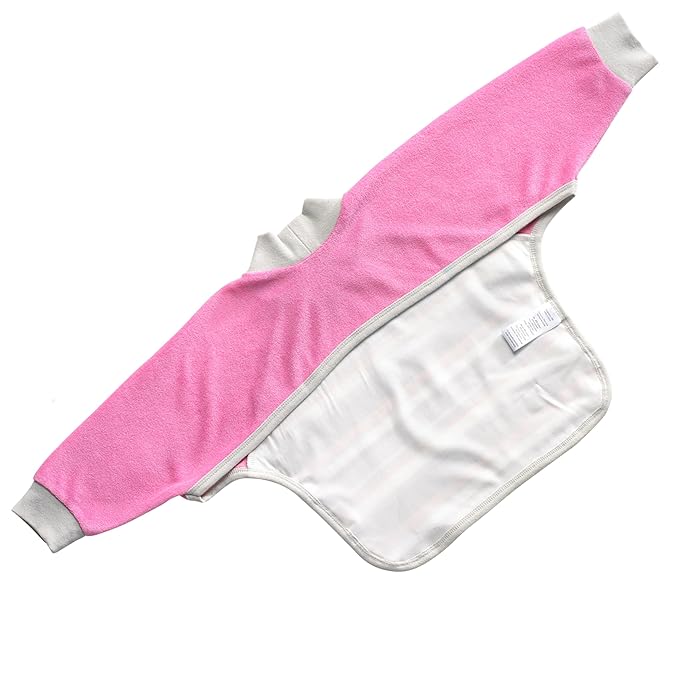 Kiddologic Bibit-all Baby Feeding Bib, Long Sleeves, Ribbed Cuffs, High Collar, Stretchy Pullover Smock, Soft Absorbent Terry, Waterproof Lining, Toddler Girl 12-36 Months, Wild Orchid (Pink) Stripe