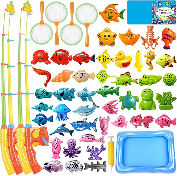 CozyBomB™ Magnetic Fishing Toys Game Set for Kids | Water Table Bathtub Kiddie Pool Party Pole Rod Net, Outdoor Plastic Floating Fish, Toddler Bath Color Ocean Sea Animals Birthday Gift Age 3-5 6 4-8