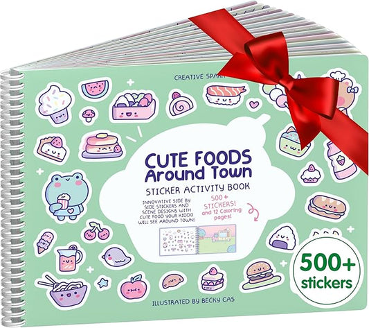 Girly Sticker Book Activity for Kids, Cute Foods Around Town by Cupkin, Toddler Airplane Travel Essentials, 500+ Stickers for Kids 12 Scenes + Coloring Book Pages, Crafts Ages 2-8