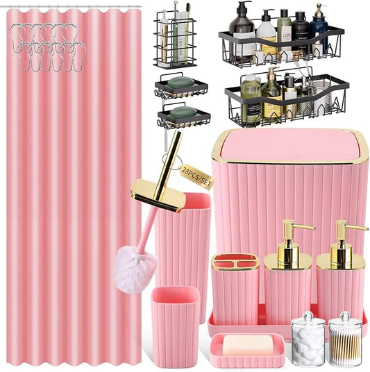 28PC Bathroom Set - Gorgeous Pink Bathroom Set, Bathroom Accessory Set, Pink Shower Curtain Set with 5PC Shower Caddy