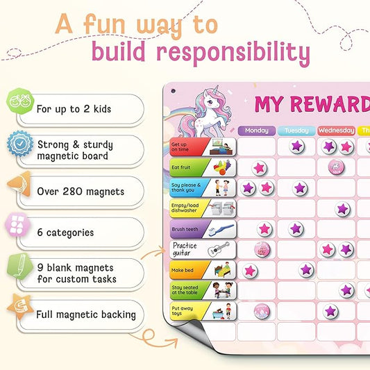 Magnetic Reward Chart for Kids with 280 Magnets - Behavior Chart for Kids at Home - Responsibility Reward Chart - Chore Chart - Visual Schedule - Ideal for Ages 3-9, Autism, ADHD - Pink