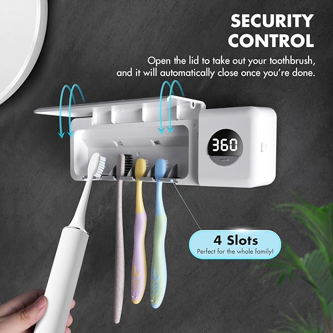 Sanitizeri Toothbrush Holder, Sanitizeri Toothbrush Cleaner, 2000mAh Rechargeable Cordless Wall Mounted Holders for Bathroom, 4 Slots & Timer Function, White