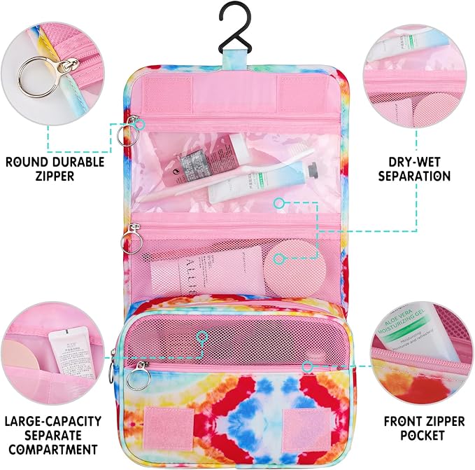 Kids Hanging Toiletry Bag for Girls, Travel Toiletry Bag for Little Young Girls Cosmetic Makeup Waterproof Wash Bag Toddler Traveling Toiletries, Tie Dye Pink