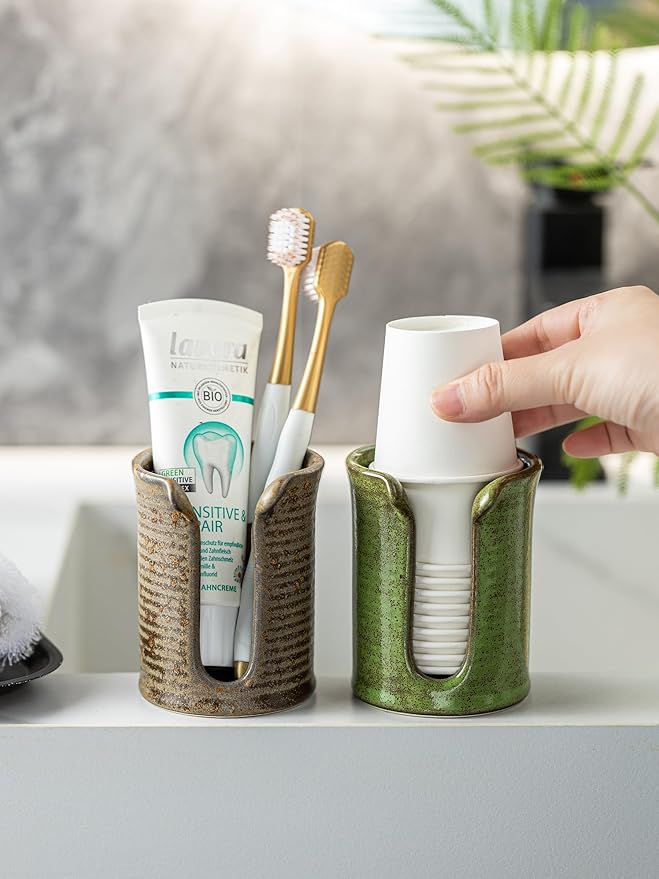 Ceramic Bathroom Cup Dispenser, 3 Oz Bathroom Cup Holder for Dixie Cups, Mouthwash Cup Dispenser for Bathroom Countertop, Green