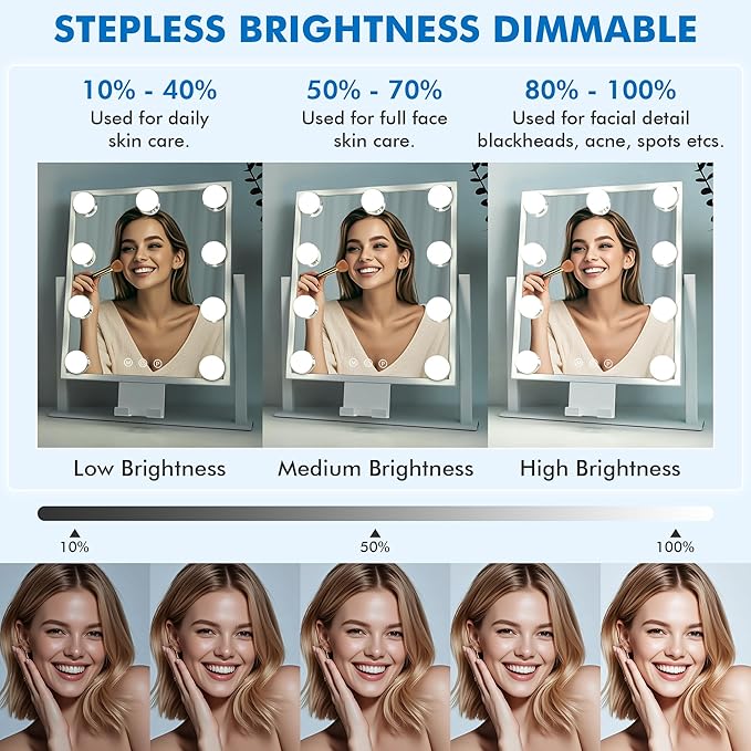 Kottova Lighted Makeup Mirror, Hollywood Vanity Mirror with Lights, Three Color Modes, with Detachable 10x Zoom Mirror, Smart Touch Control, Metal Frame, 360° Rotation（14.1in,White）